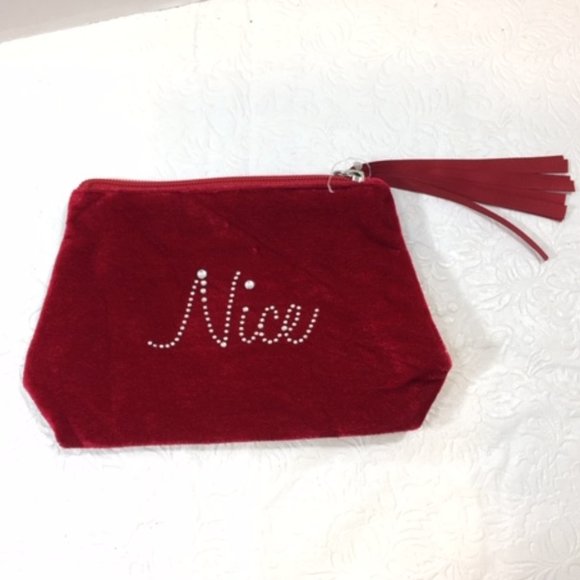 Naughty Nice Red Velour Rhinestones Makeup Cosmetic Zip Bag Christmas 7x2x5" - Picture 4 of 7